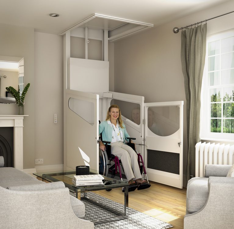 Harmony-Through-Floor-Home-Lift-Downstairs-with-Wheelchair-User